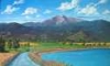 This patron wanted a large painting to hang above her huge fireplace.  She provided Patty with several photos she took of Longs Peak right from her neighborhood.  She asked to have her children and their dog on the path, to add wildflowers along the trail, put cows in the pasture, and to make the water more of a light turquoise color, which is how it appears in real life.